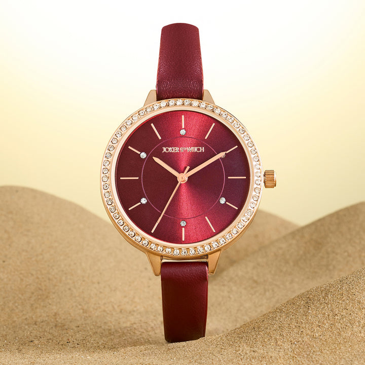 Sunrise Maroon Medium Rhinestone Dial PU Strap Women's Watch