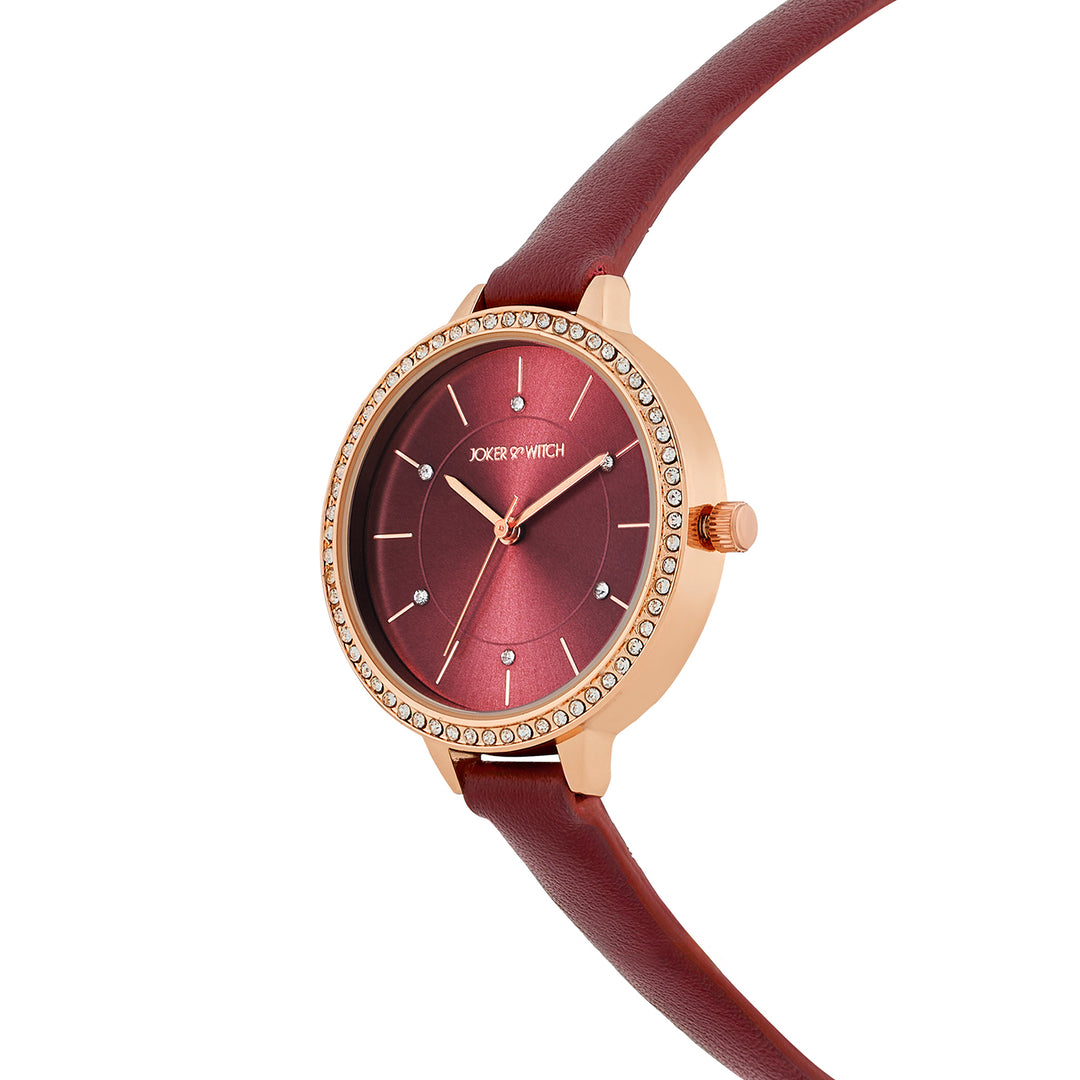 Sunrise Maroon Medium Rhinestone Dial PU Strap Women's Watch