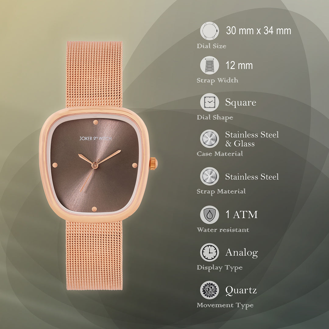 Verity Mocha Medium Square Dial Rose Gold Mesh Strap Women's Watch