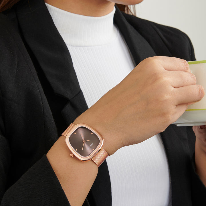 Verity Mocha Medium Square Dial Rose Gold Mesh Strap Women's Watch