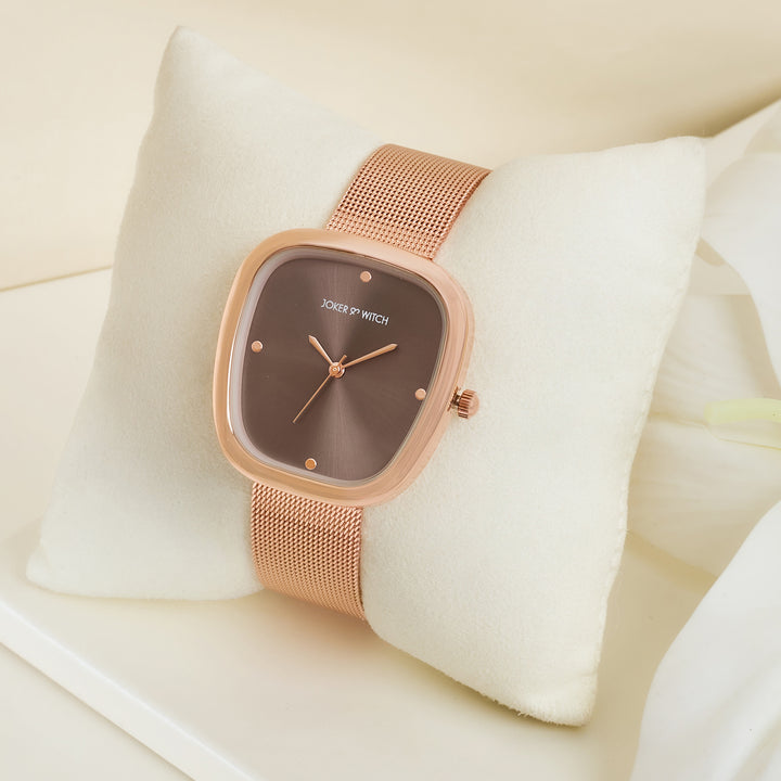 Verity Mocha Medium Square Dial Rose Gold Mesh Strap Women's Watch
