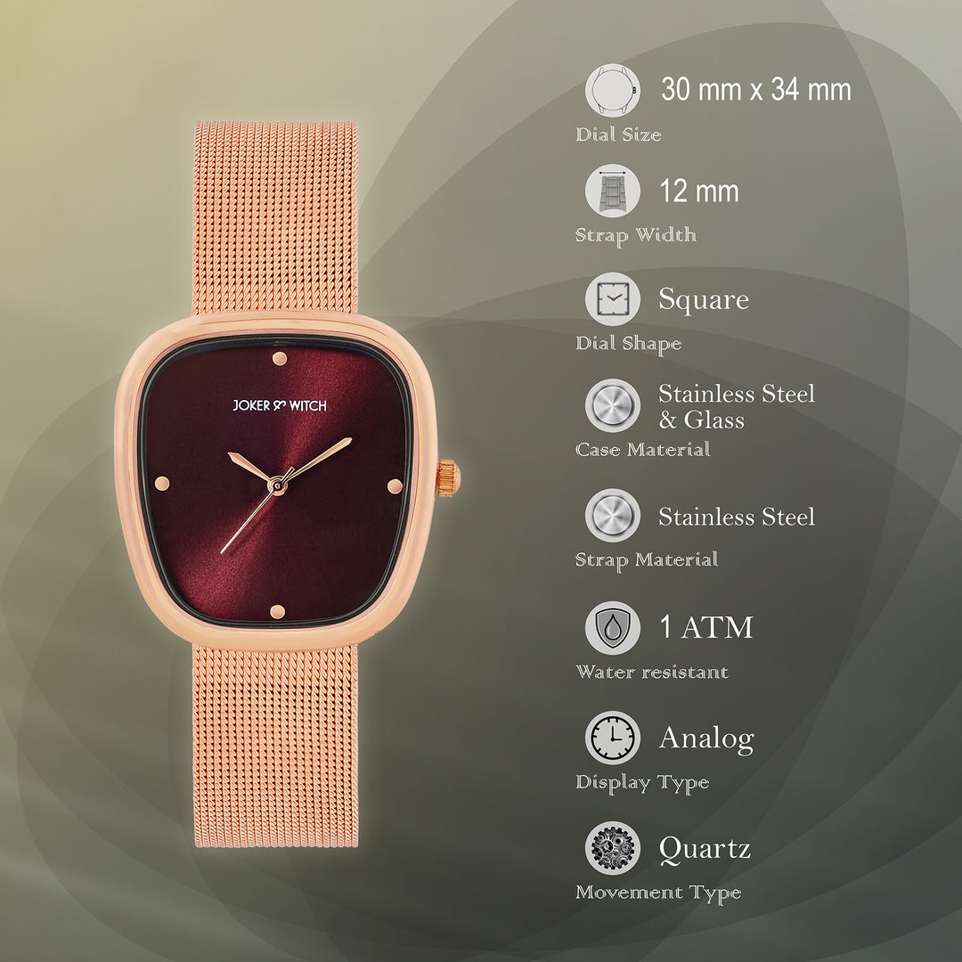 Verity Maroon Sunray Medium Square Dial Rose Gold Mesh Strap Women's Watch