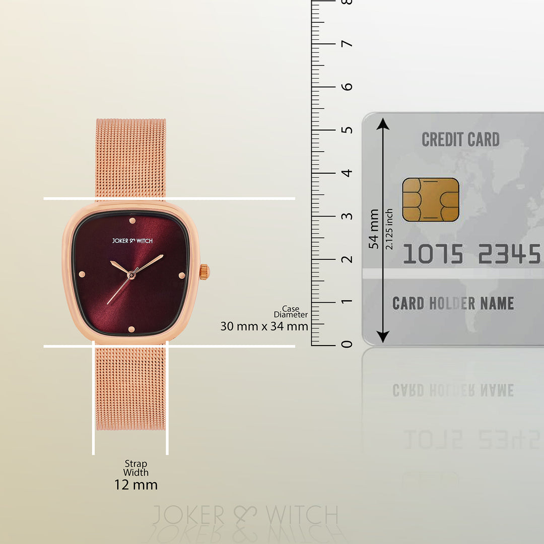 Verity Maroon Sunray Medium Square Dial Rose Gold Mesh Strap Women's Watch