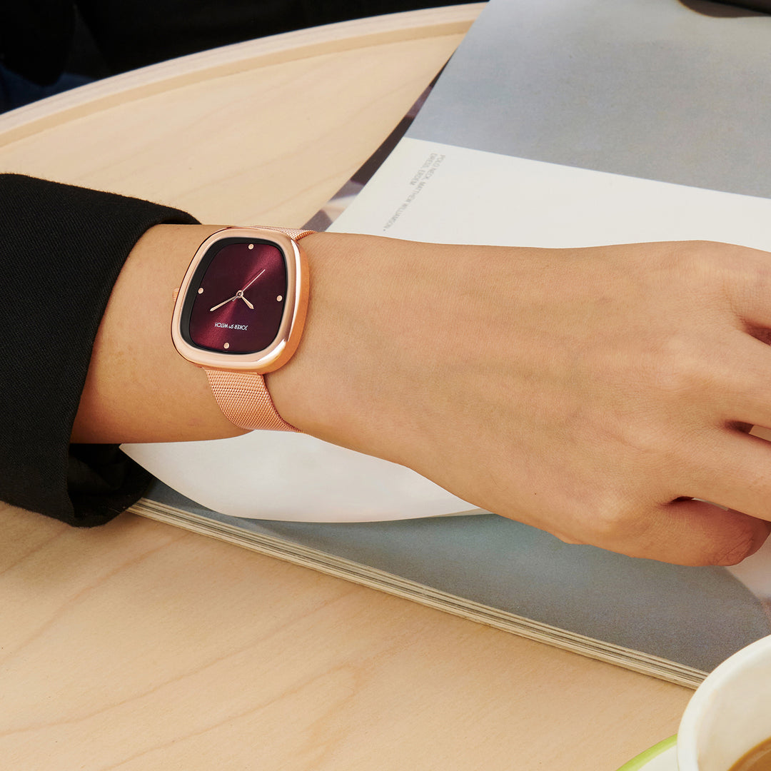 Verity Maroon Sunray Medium Square Dial Rose Gold Mesh Strap Women's Watch