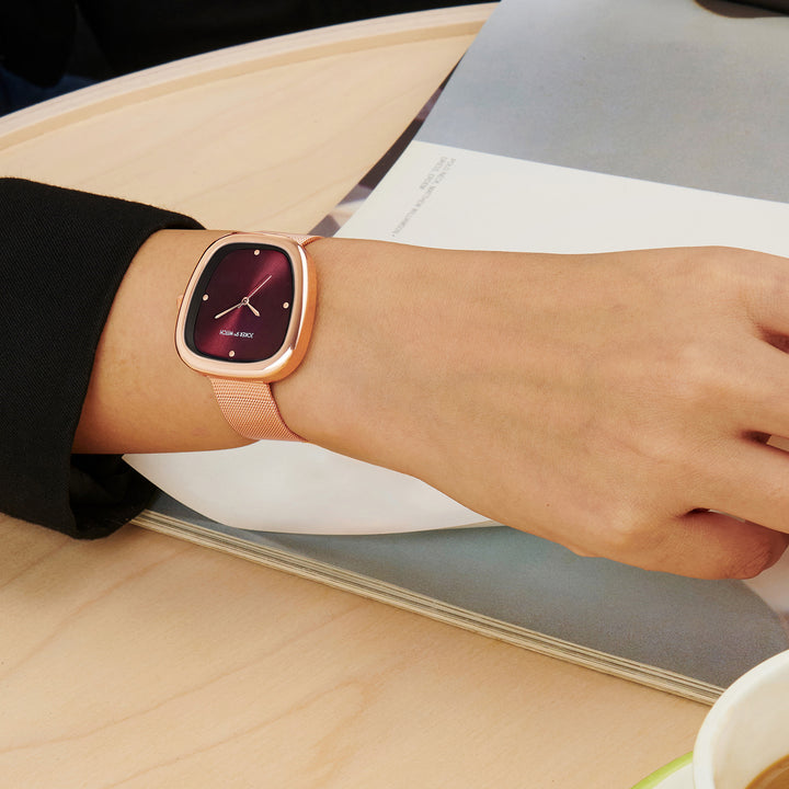 Verity Maroon Sunray Medium Square Dial Rose Gold Mesh Strap Women's Watch