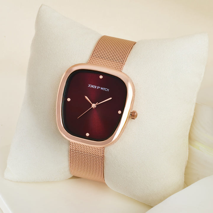 Verity Maroon Sunray Medium Square Dial Rose Gold Mesh Strap Women's Watch
