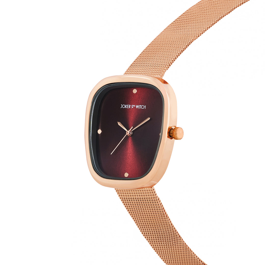 Verity Maroon Sunray Medium Square Dial Rose Gold Mesh Strap Women's Watch