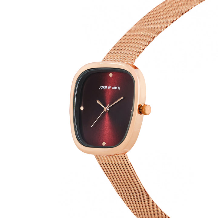 Verity Maroon Sunray Medium Square Dial Rose Gold Mesh Strap Women's Watch