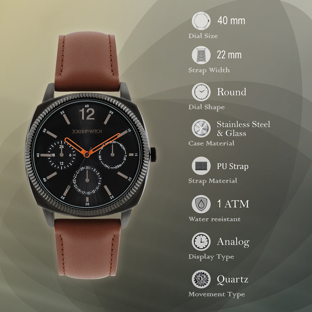 Viking Black Large Dial Brown PU Strap Men's Watch