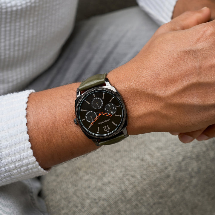 Viking Black Large Dial Olive PU Strap Men's Watch