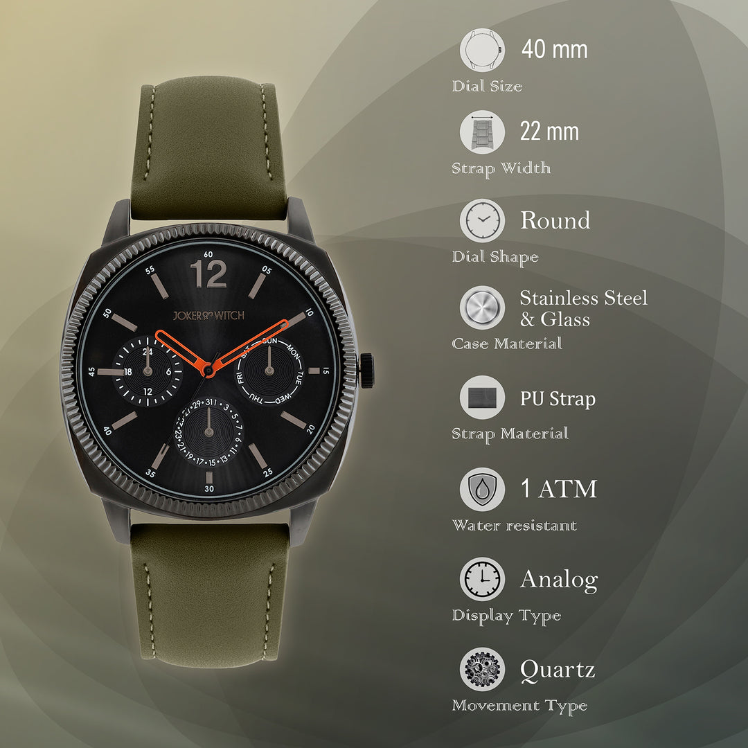 Viking Black Large Dial Olive PU Strap Men's Watch