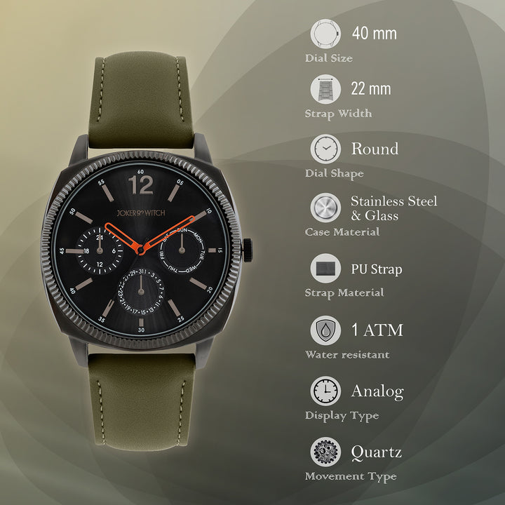 Viking Black Large Dial Olive PU Strap Men's Watch