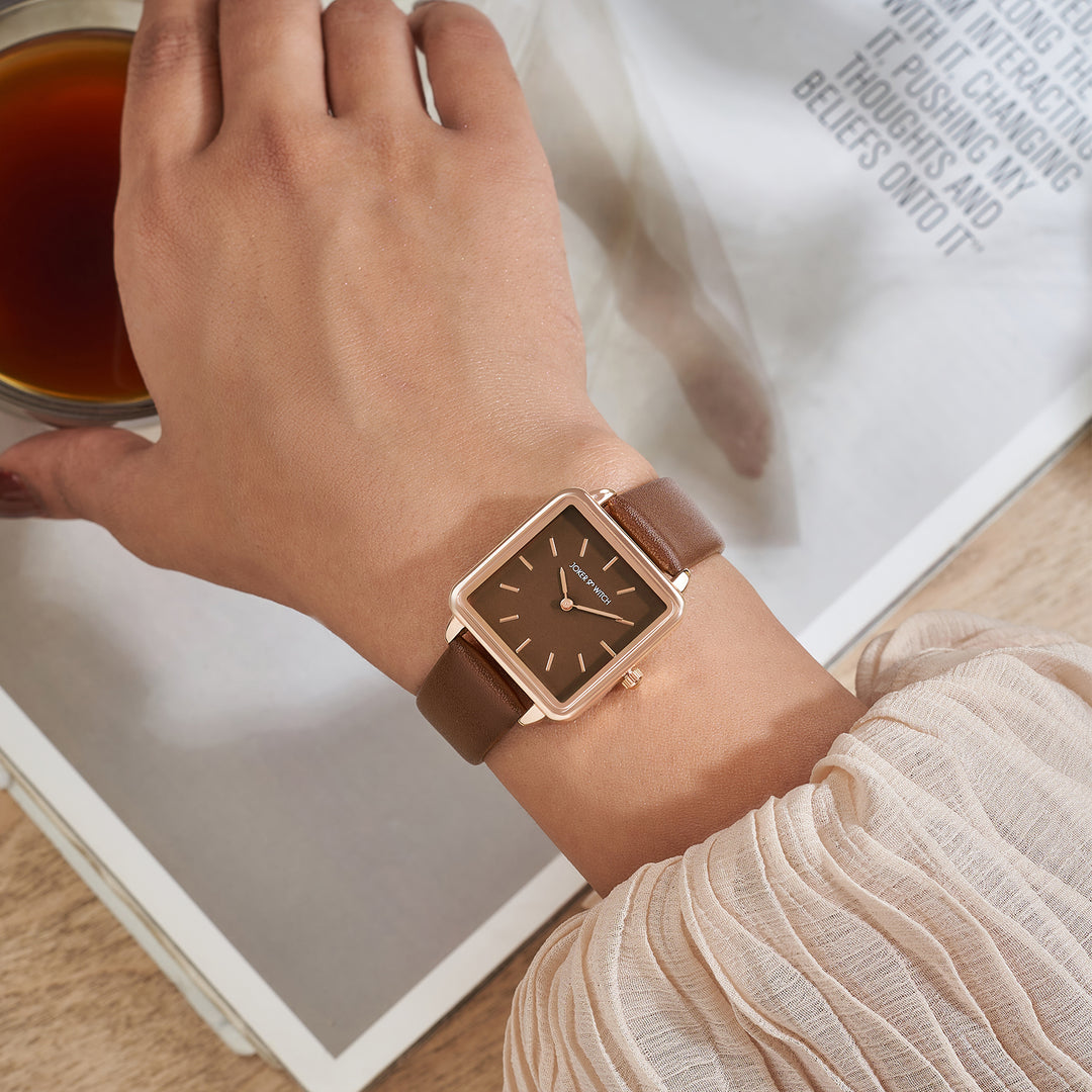 Emily Square Brown Small Dial PU Strap Watch