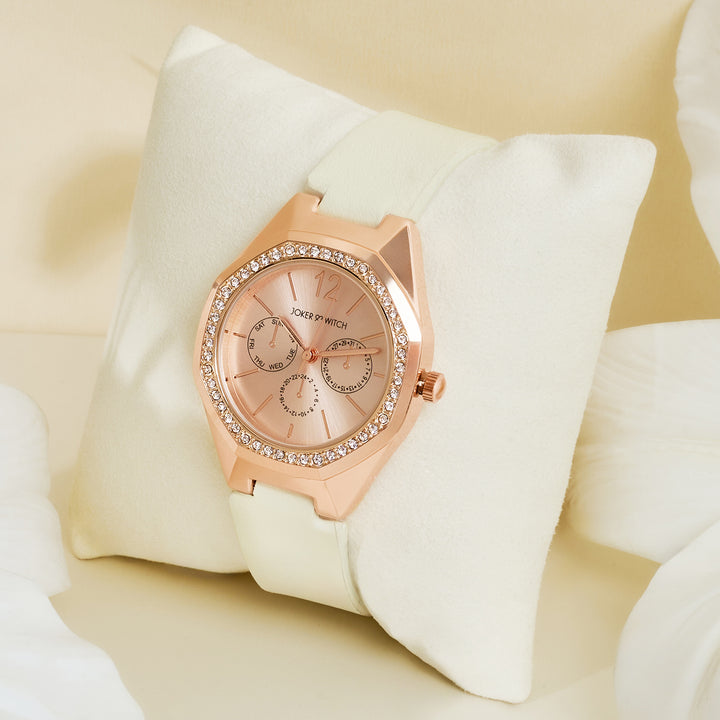 Roey Rose Gold Sunray Dial Offwhite PU Strap Women's Watch