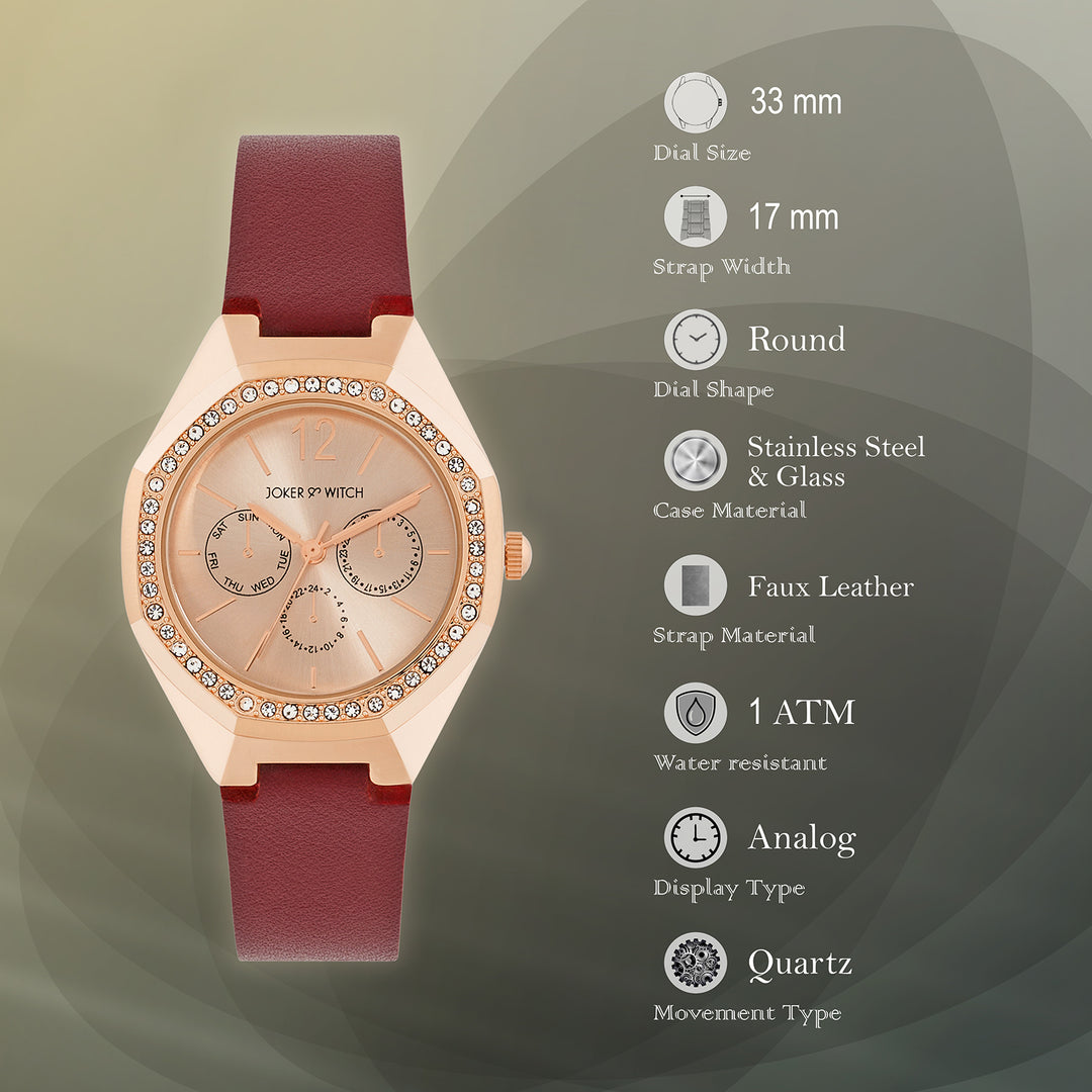 Roey Rose Gold Sunray Dial Maroon PU Strap Women's Watch