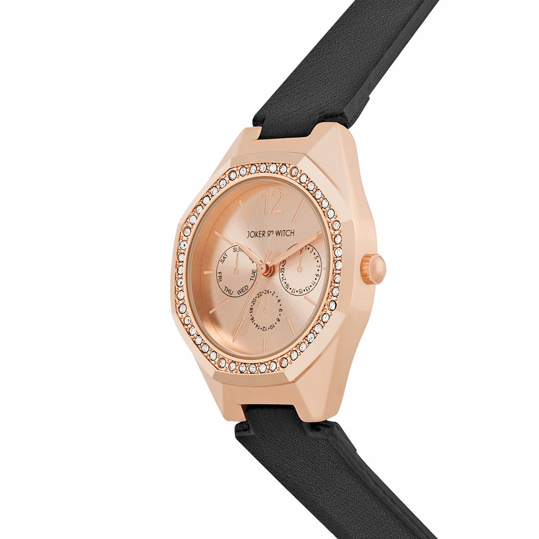 Roey Rose Gold Sunray Dial Black PU Strap Women's Watch