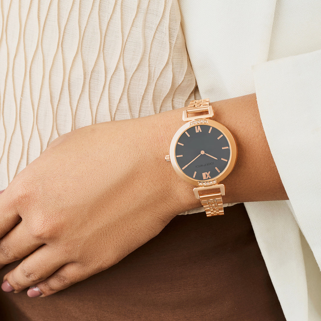 Petite Charcoal Medium Dial Rose Gold Linked Chain Strap Women's Watch