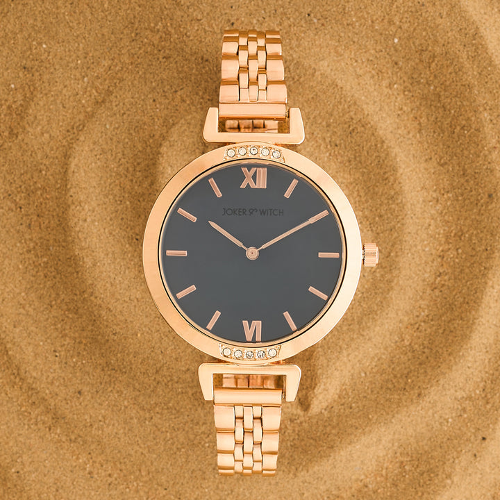 Petite Charcoal Medium Dial Rose Gold Linked Chain Strap Women's Watch