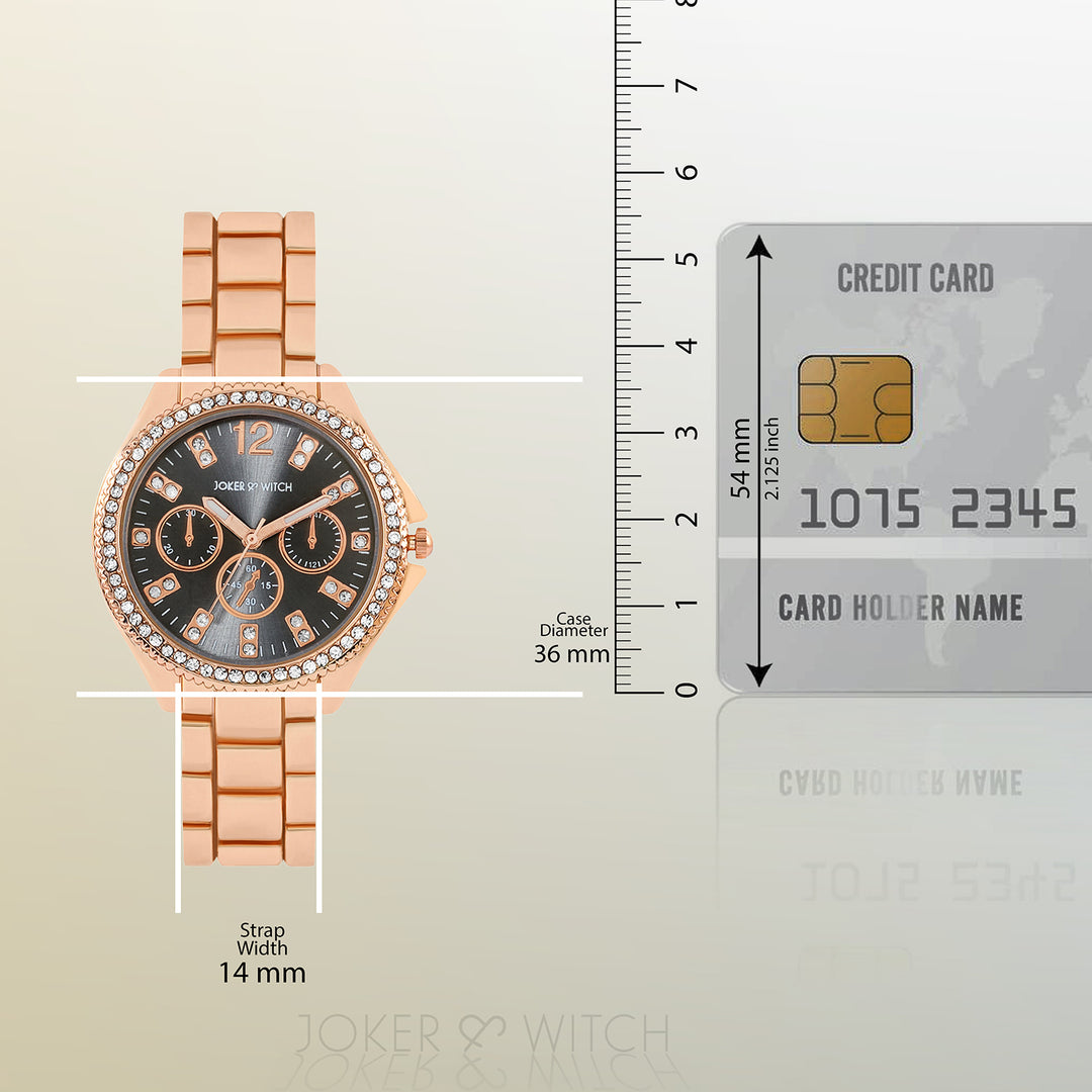 Reina Black Sunray Medium Rhinestone Dial Rose Gold Linked Chain Strap Women's Watch