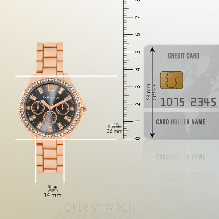 Reina Black Sunray Medium Rhinestone Dial Rose Gold Linked Chain Strap Women's Watch