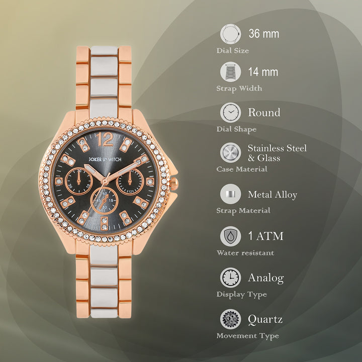 Reina Black Sunray Medium Rhinestone Dial Dual Tone Linked Chain Strap Women's Watch