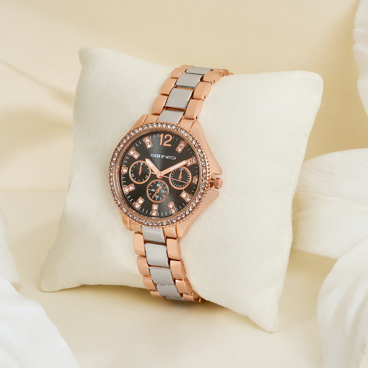 Reina Black Sunray Medium Rhinestone Dial Dual Tone Linked Chain Strap Women's Watch