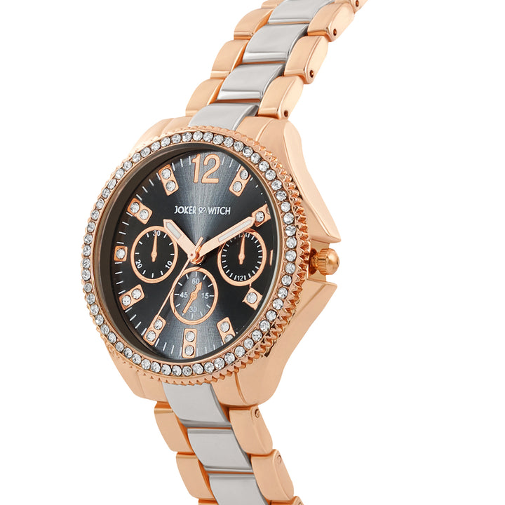 Reina Black Sunray Medium Rhinestone Dial Dual Tone Linked Chain Strap Women's Watch