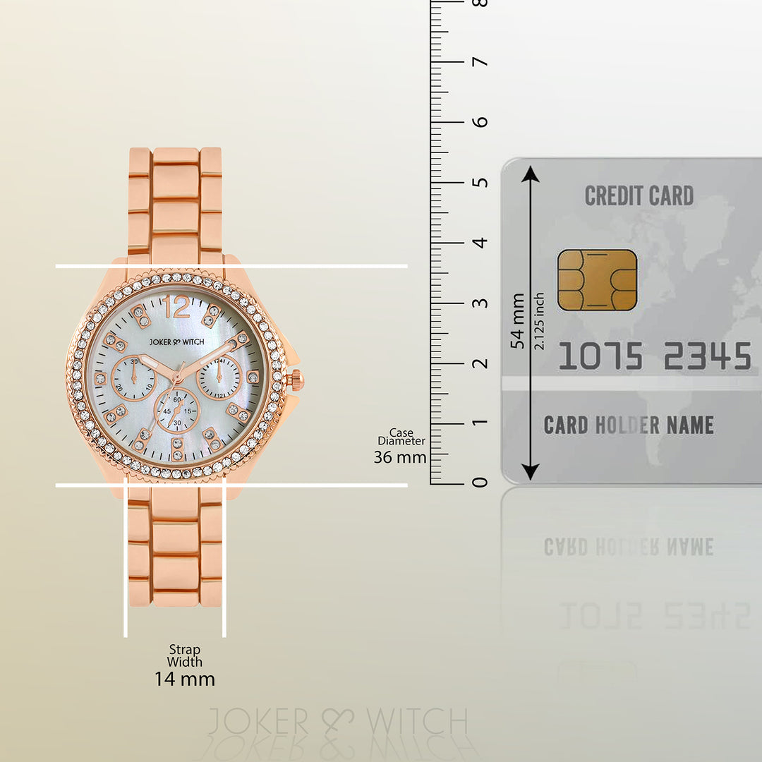 Reina White MOP Medium Rhinestone Dial Rose Gold Linked Chain Strap Women's Watch