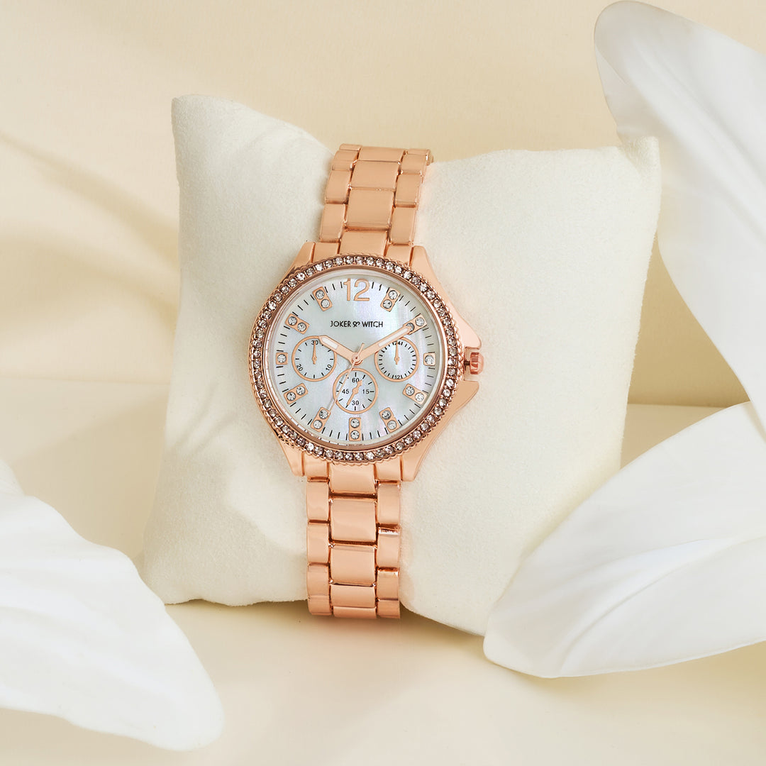 Reina White MOP Medium Rhinestone Dial Rose Gold Linked Chain Strap Women's Watch