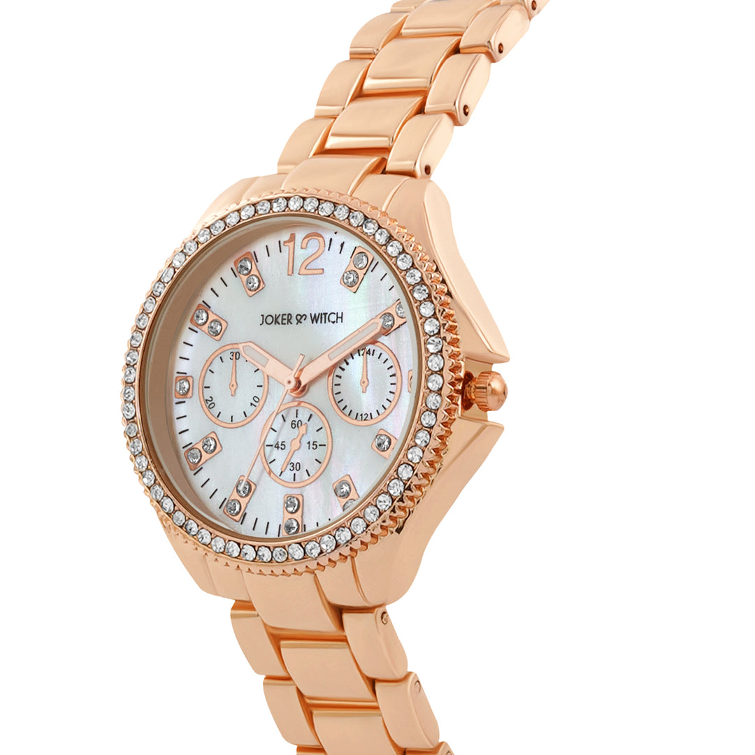 Reina White MOP Medium Rhinestone Dial Rose Gold Linked Chain Strap Women's Watch