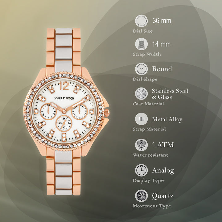 Reina White MOP Medium Rhinestone Dial Dual Tone Linked Chain Strap Women's Watch