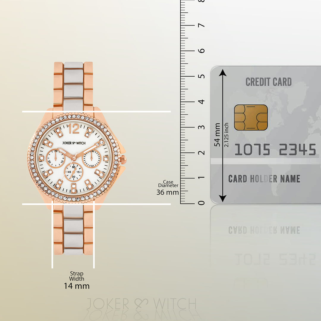 Reina White MOP Medium Rhinestone Dial Dual Tone Linked Chain Strap Women's Watch