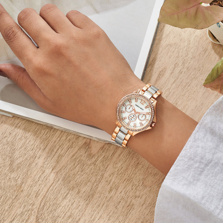 Reina White MOP Medium Rhinestone Dial Dual Tone Linked Chain Strap Women's Watch