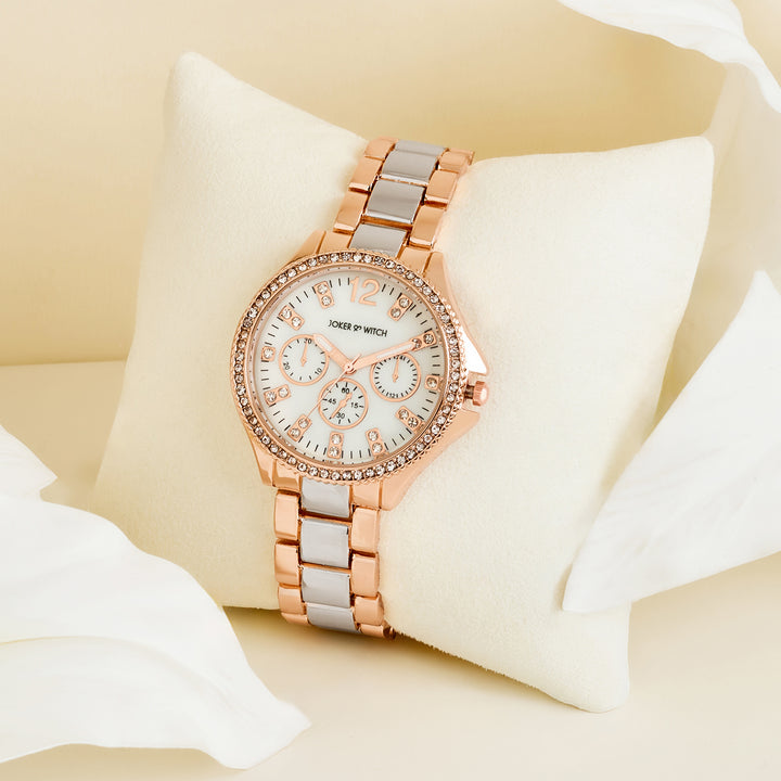 Reina White MOP Medium Rhinestone Dial Dual Tone Linked Chain Strap Women's Watch