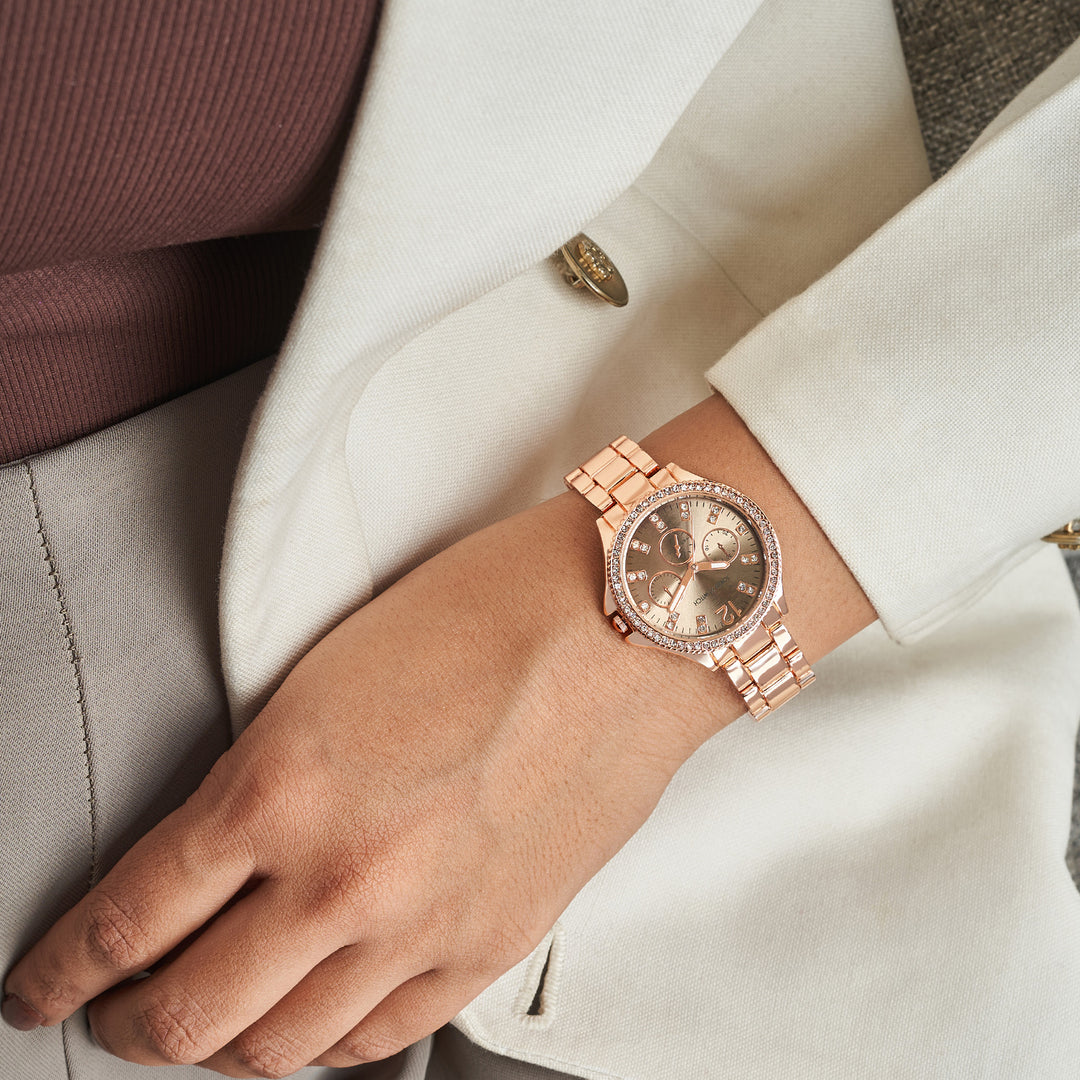 Reina Taupe Sunray Medium Rhinestone Dial Rose Gold Linked Chain Strap Women's Watch