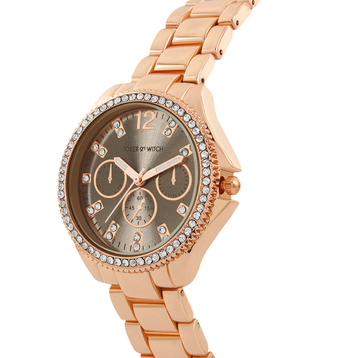 Reina Taupe Sunray Medium Rhinestone Dial Rose Gold Linked Chain Strap Women's Watch