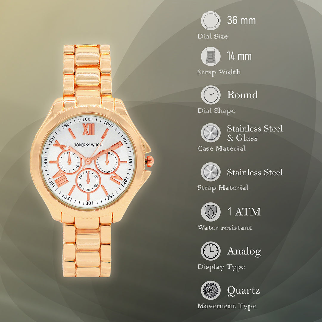 Ella White Medium Dial Rose Gold Linked Chain Strap Women's Watch