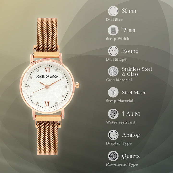 LEXI ROSEGOLD MESH STRAP WHITE DIAL WATCH by Joker & Witch