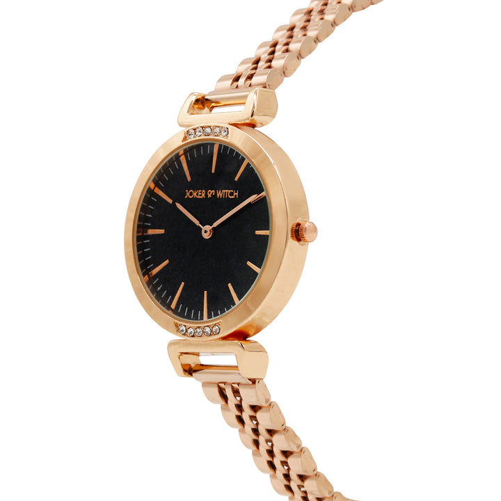 Petite Black Medium Dial Rose Gold Linked Chain Strap Women's Watch