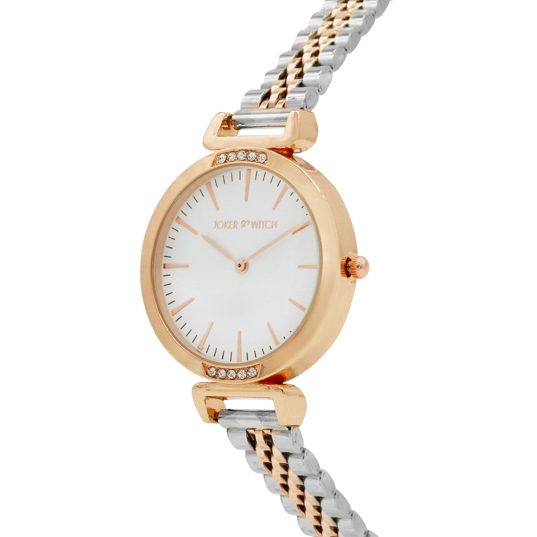 Petite White Medium Dial Dual Tone Linked Chain Strap Women's Watch