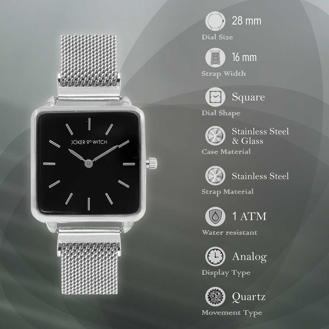 Vintage Black Small Square Dial Silver Magnetic Strap Women's Watch