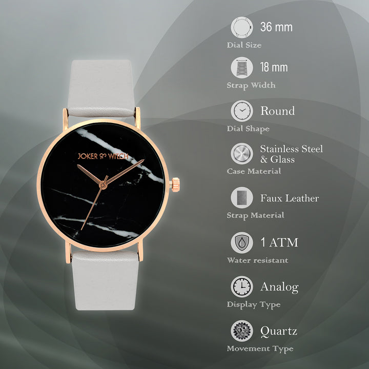 Hannah Black Medium Marble Dial Grey PU Strap Women's Watch