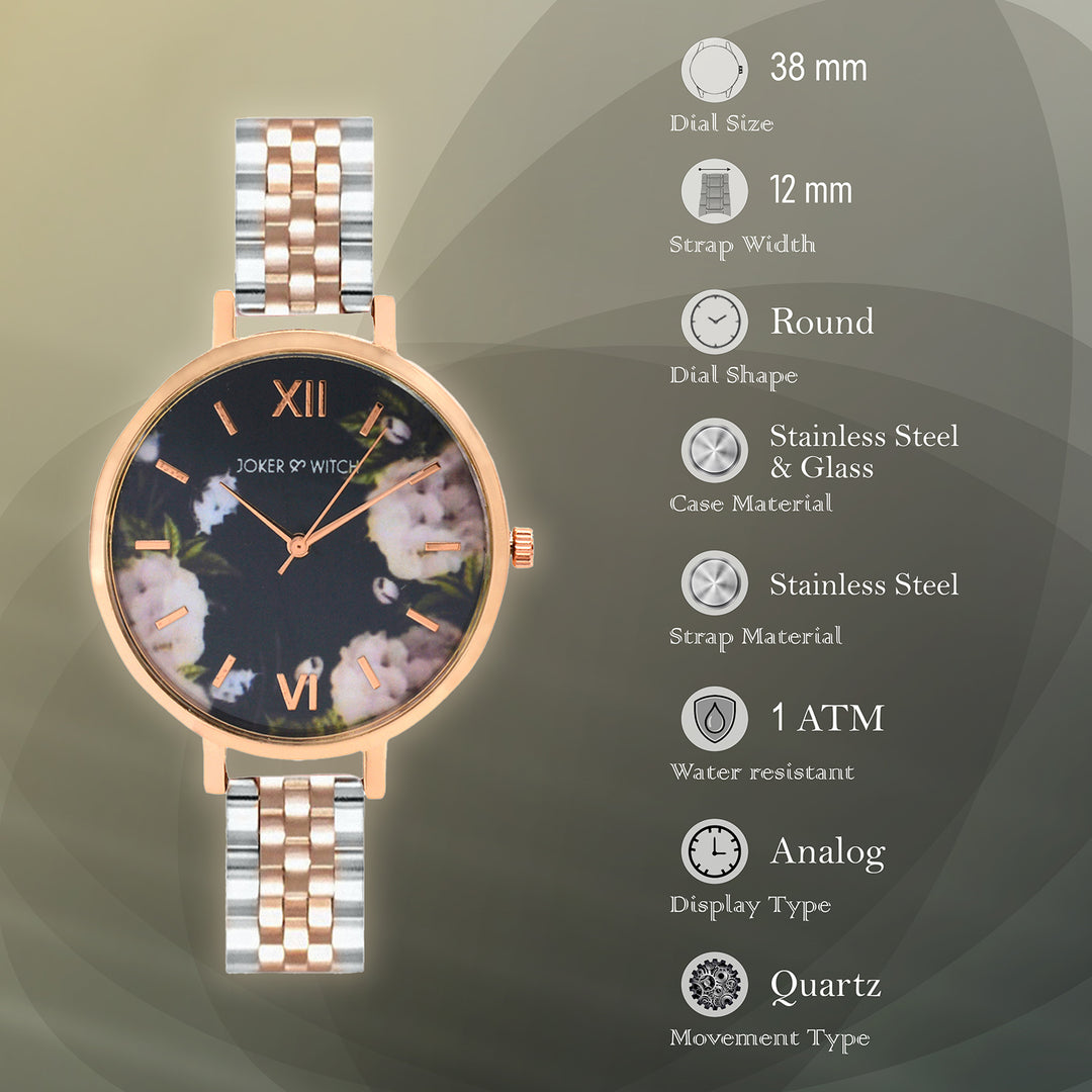 Fleur Black Large Dial Dual Tone Linked Chain Strap Women's Watch