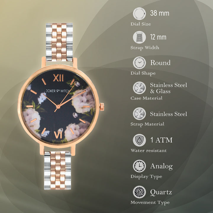 Fleur Black Large Dial Dual Tone Linked Chain Strap Women's Watch