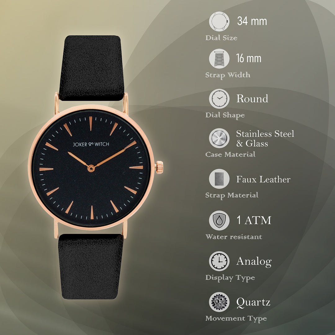 Ines Rose Gold Black Medium Dial PU Strap Women's Watch