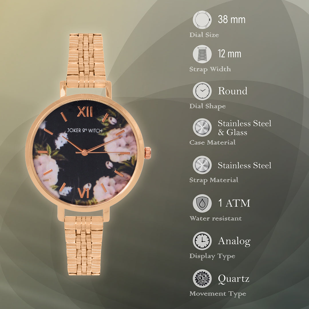 Fleur Black Large Dial Rose Gold Linked Chain Strap Women's Watch