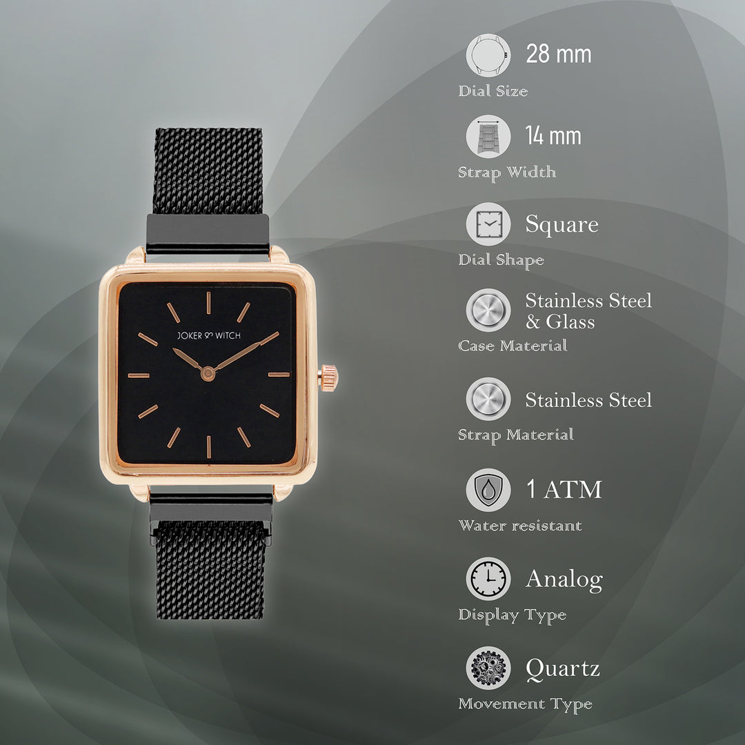 Vintage Rose Gold Black Small Square Dial Magnetic Strap Women's Watch