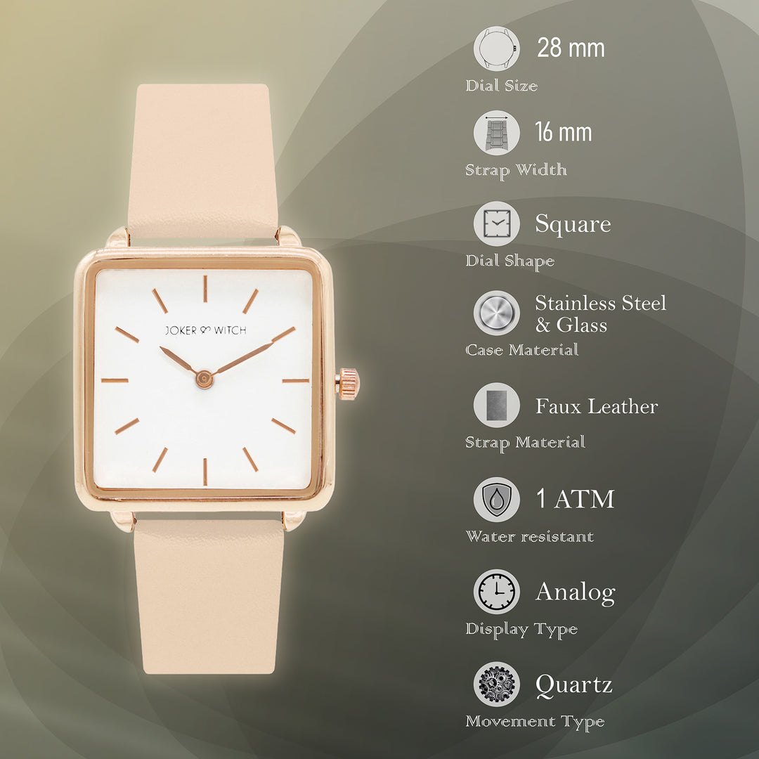 Emily White Small Square Dial Pink PU Strap Women's Watch