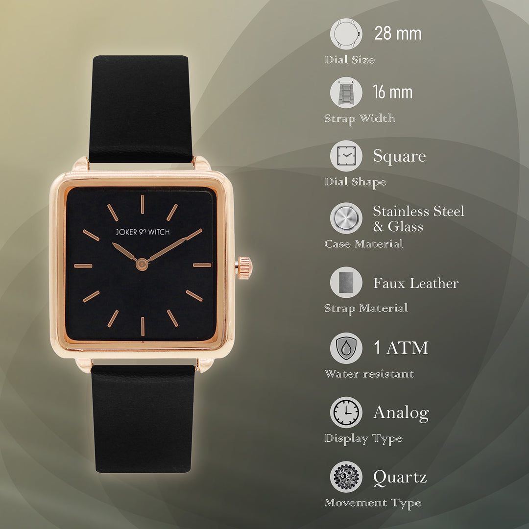 Emily Rose Gold Black Small Square Dial PU Strap Women's Watch