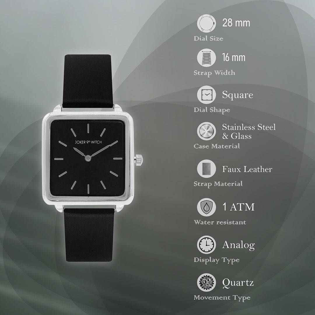 Emily Silver Black Small Square Dial PU Strap Women's Watch